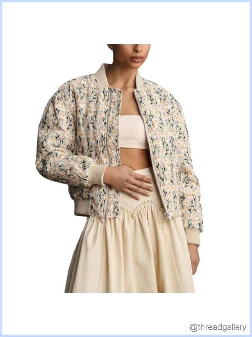 Embroidered Daisy Cropped Bomber Jacket Quilted Puffer Padded Coat Long Sleeve
